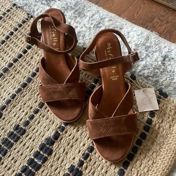 Brown Mariella Leather Suede Open-Toe Block Heel Sandals (NWT)