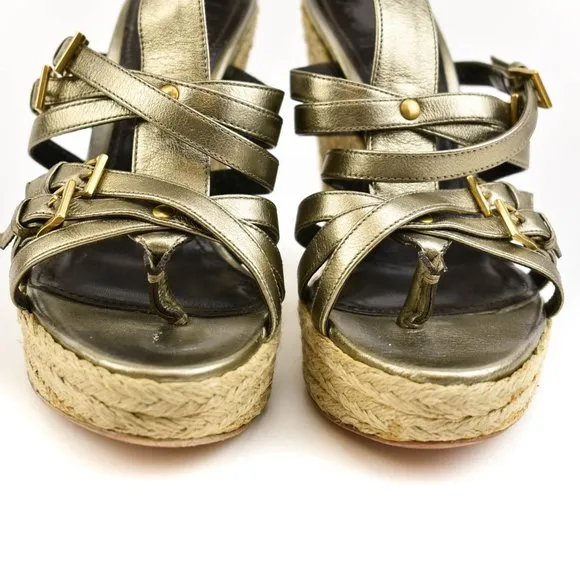 BURBERRY Pewter Leather &amp; Buckle Wedge Sandals