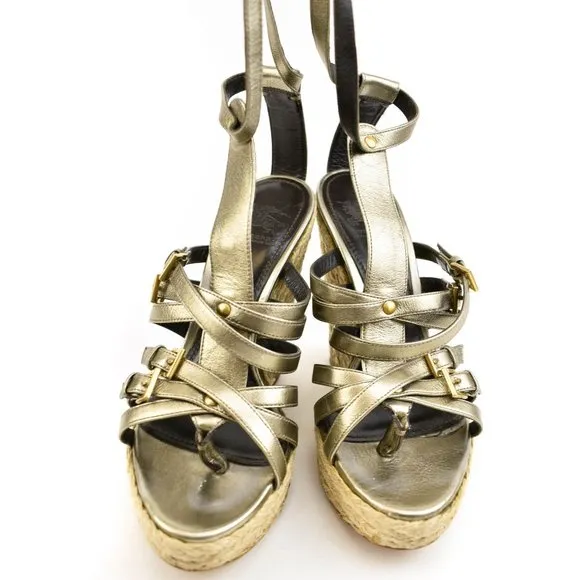 BURBERRY Pewter Leather &amp; Buckle Wedge Sandals