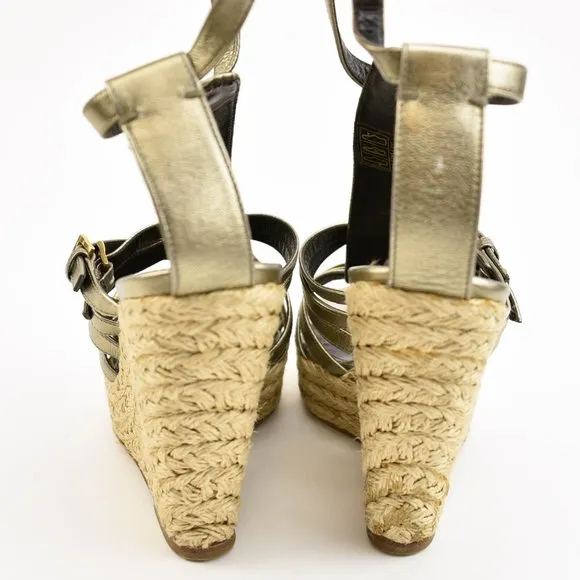 BURBERRY Pewter Leather &amp; Buckle Wedge Sandals