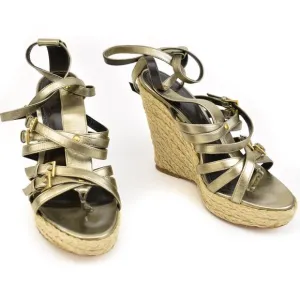 BURBERRY Pewter Leather &amp; Buckle Wedge Sandals