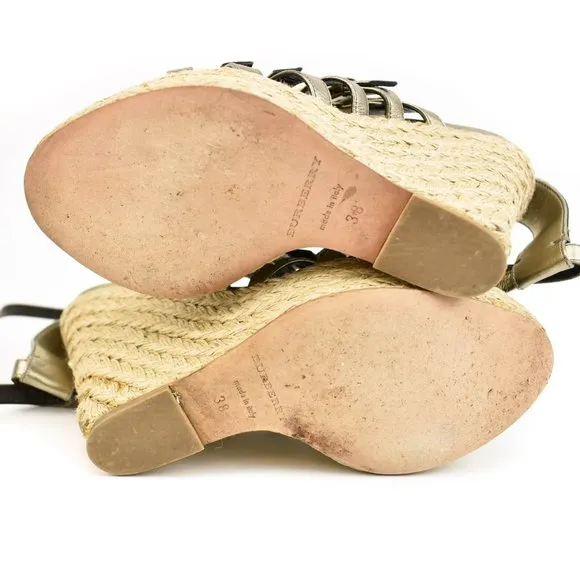 BURBERRY Pewter Leather &amp; Buckle Wedge Sandals