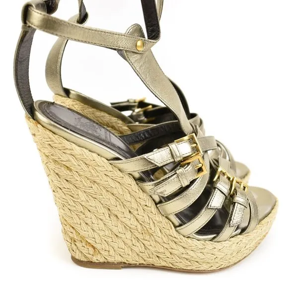BURBERRY Pewter Leather &amp; Buckle Wedge Sandals