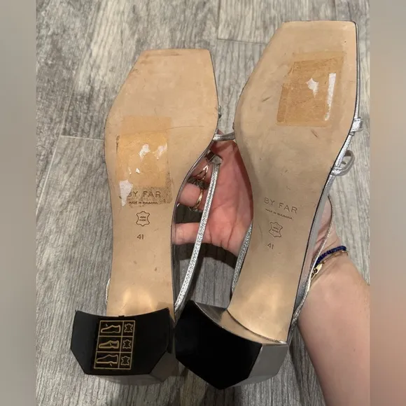 BY FAR silver bow Jane heel sandals