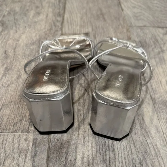 BY FAR silver bow Jane heel sandals