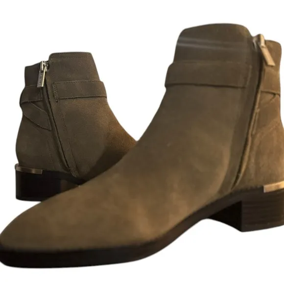 Calvin Klein Tan Suede Ankle Booties Metal Hardware Wrapped Strap Block Heel