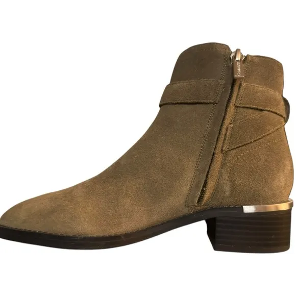 Calvin Klein Tan Suede Ankle Booties Metal Hardware Wrapped Strap Block Heel