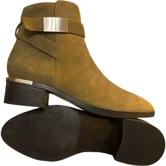 Calvin Klein Tan Suede Ankle Booties Metal Hardware Wrapped Strap Block Heel