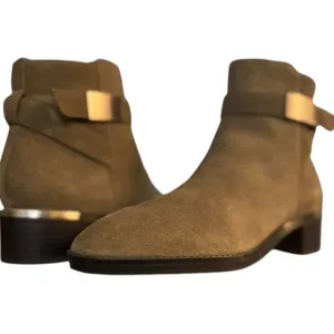 Calvin Klein Tan Suede Ankle Booties Metal Hardware Wrapped Strap Block Heel
