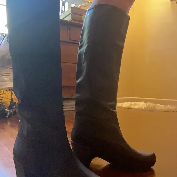 Camper Black Leather Rubber Suede Platform 16&quot; Knee High Heel Boots 41 10 Great!