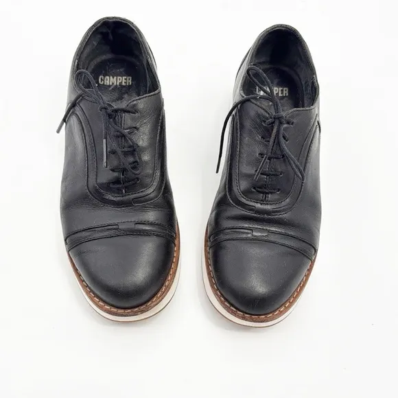 Camper Nepomuk oxfords black leather lace up platform shoes size 38 7.5