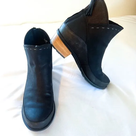 CHACO WOMEN’s CATALUNA BLACK ANKLE BOOTS bamboo heel,side zip tassled comfy 8.5