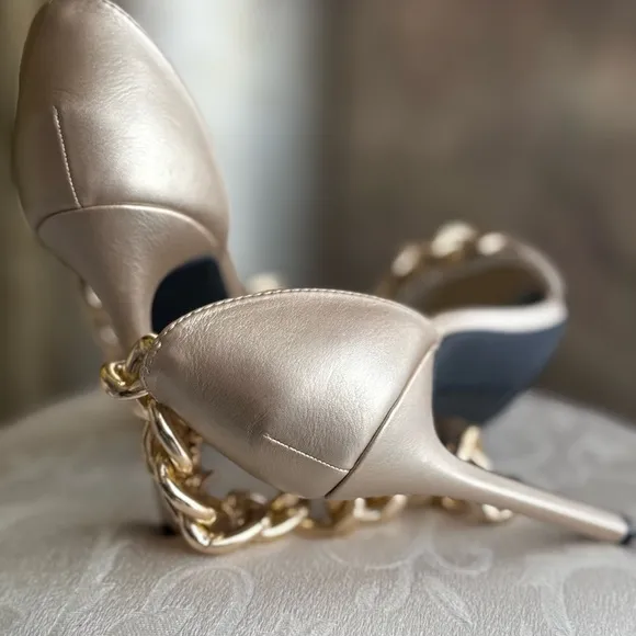 Champagne color sandals with chain detail unique heels