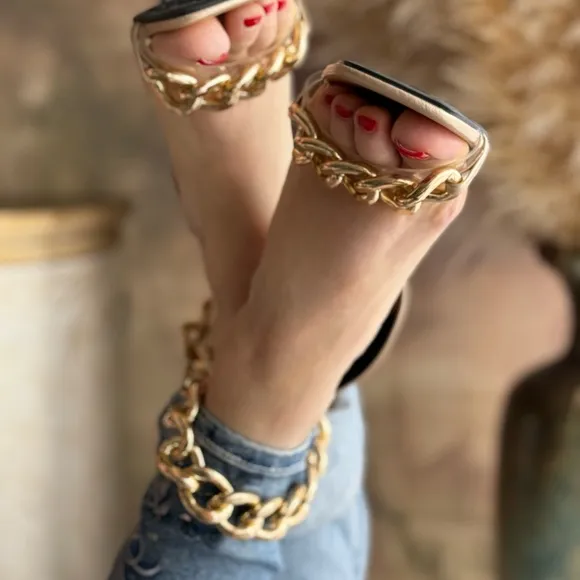 Champagne color sandals with chain detail unique heels
