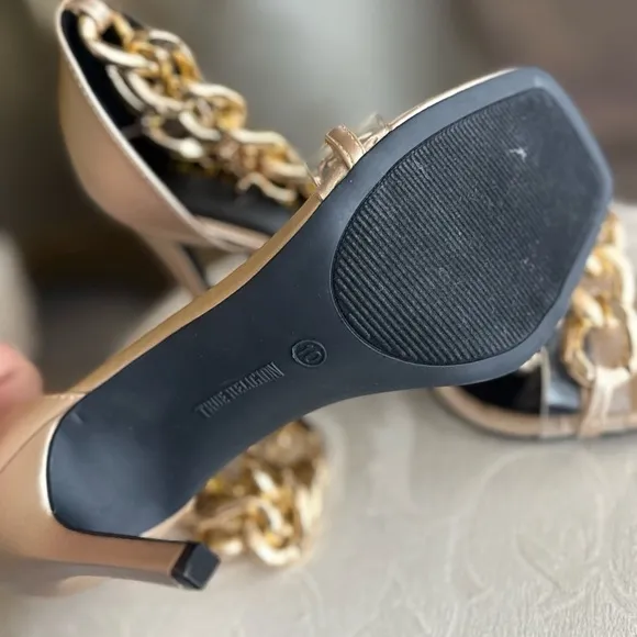 Champagne color sandals with chain detail unique heels