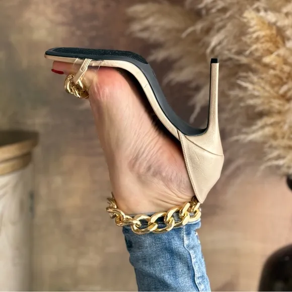 Champagne color sandals with chain detail unique heels