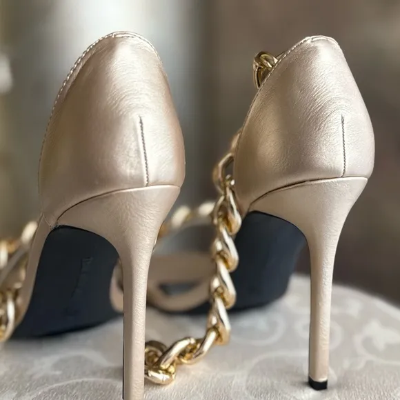 Champagne color sandals with chain detail unique heels