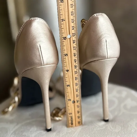 Champagne color sandals with chain detail unique heels