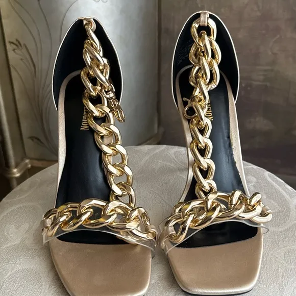 Champagne color sandals with chain detail unique heels