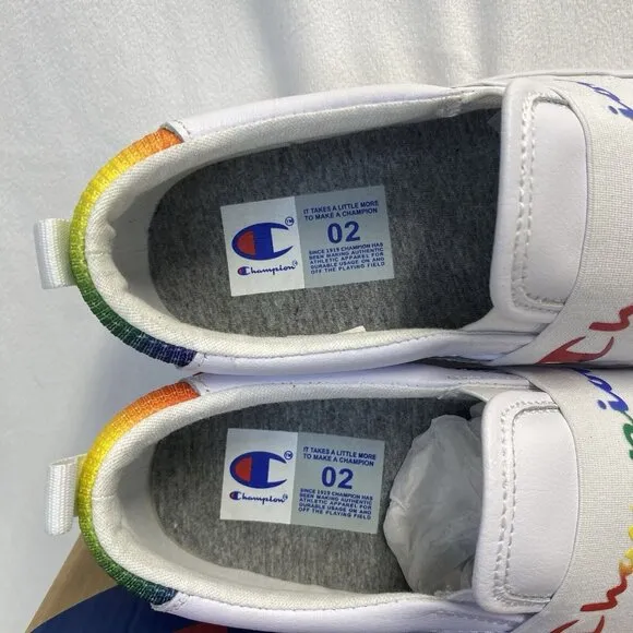 Champion Rally Slip-On Leather Sneakers Shoes Girls Sz 2 White Rainbow CPS10172P