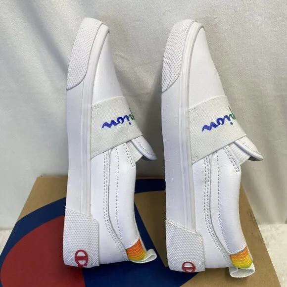 Champion Rally Slip-On Leather Sneakers Shoes Girls Sz 2 White Rainbow CPS10172P