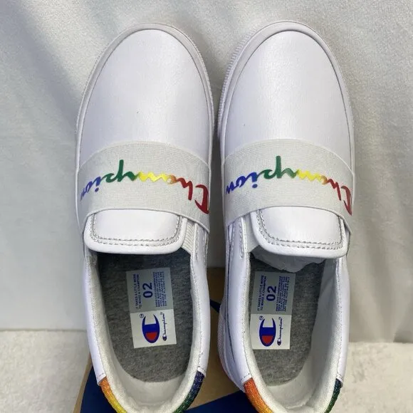 Champion Rally Slip-On Leather Sneakers Shoes Girls Sz 2 White Rainbow CPS10172P