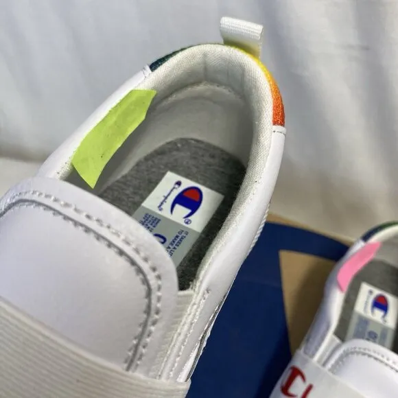 Champion Rally Slip-On Leather Sneakers Shoes Girls Sz 2 White Rainbow CPS10172P