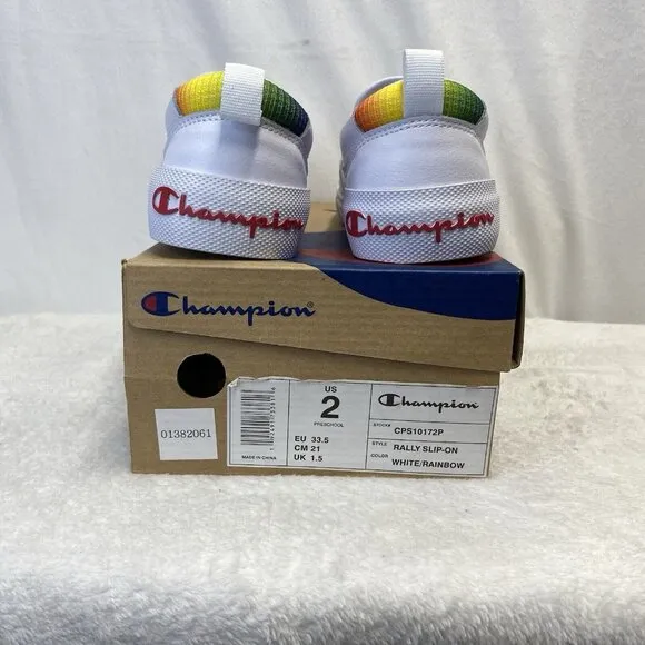 Champion Rally Slip-On Leather Sneakers Shoes Girls Sz 2 White Rainbow CPS10172P
