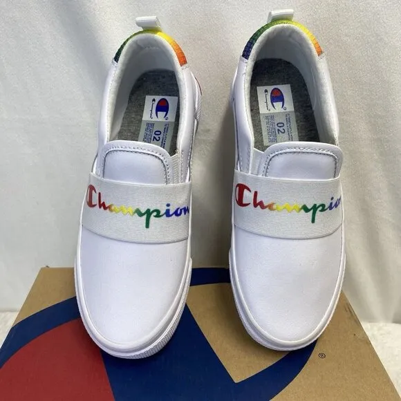 Champion Rally Slip-On Leather Sneakers Shoes Girls Sz 2 White Rainbow CPS10172P