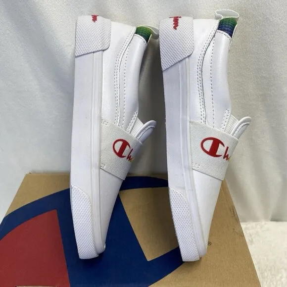 Champion Rally Slip-On Leather Sneakers Shoes Girls Sz 2 White Rainbow CPS10172P