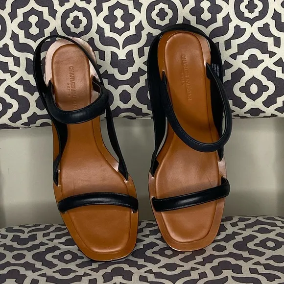 CHARLES JOURDAN PARIS Genuine Leather Wood Block Heel Sandals Size 10