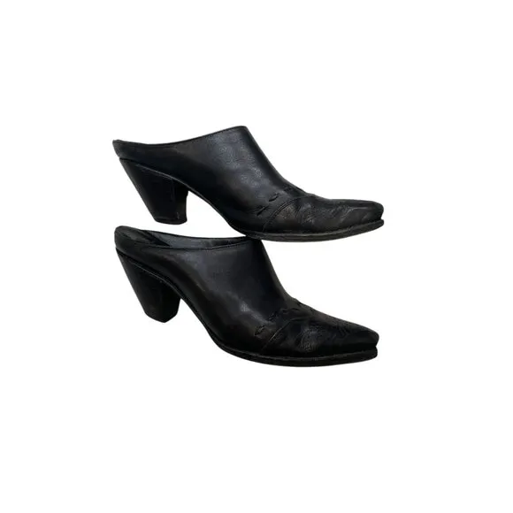 Charlie 1 Horse Black Leather Pointed Toe Mules Womens Heeled Slip-On Shoes 7B