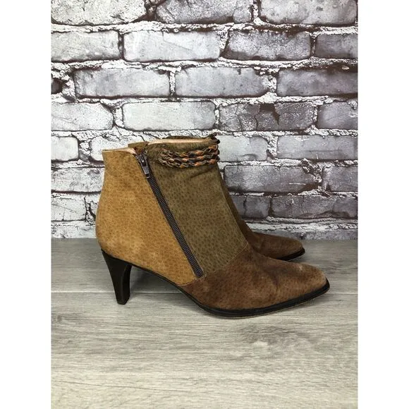 CHIARINI Tan Brown Green Suede Leather Double Sided Zipper Heel Booties Women 40