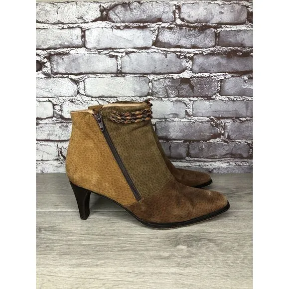 CHIARINI Tan Brown Green Suede Leather Double Sided Zipper Heel Booties Women 40