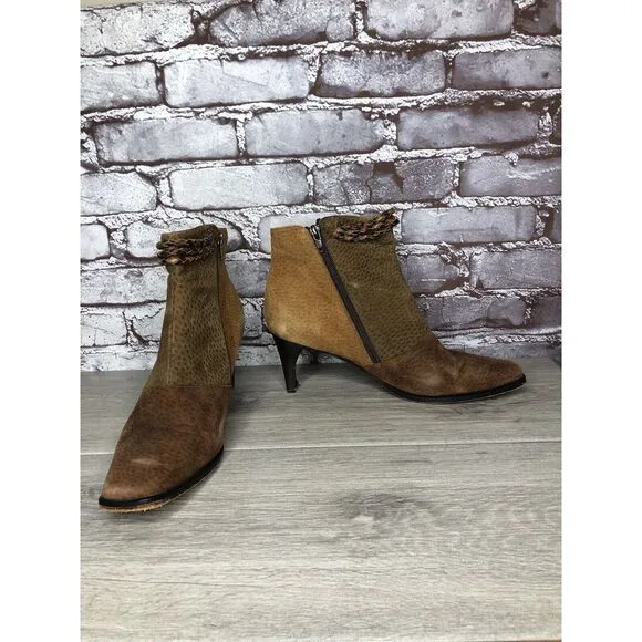 CHIARINI Tan Brown Green Suede Leather Double Sided Zipper Heel Booties Women 40