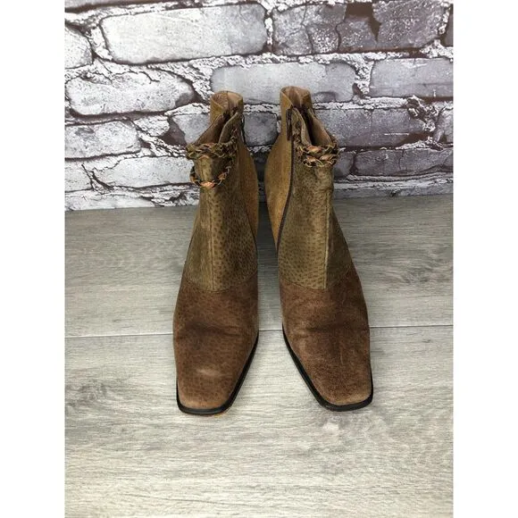 CHIARINI Tan Brown Green Suede Leather Double Sided Zipper Heel Booties Women 40