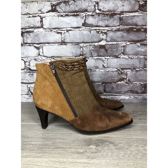 CHIARINI Tan Brown Green Suede Leather Double Sided Zipper Heel Booties Women 40
