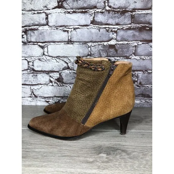 CHIARINI Tan Brown Green Suede Leather Double Sided Zipper Heel Booties Women 40