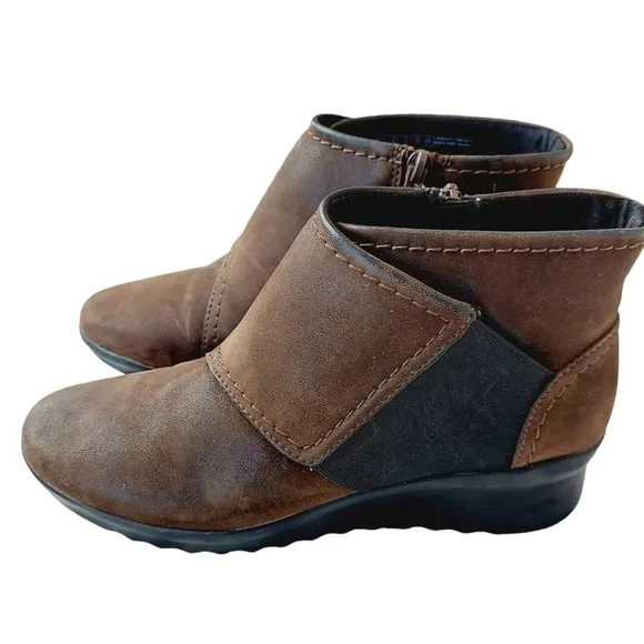 Clarks Caddell Rush Boot Size 6 Brown Leather Low Wedge Distress Comfy Botties