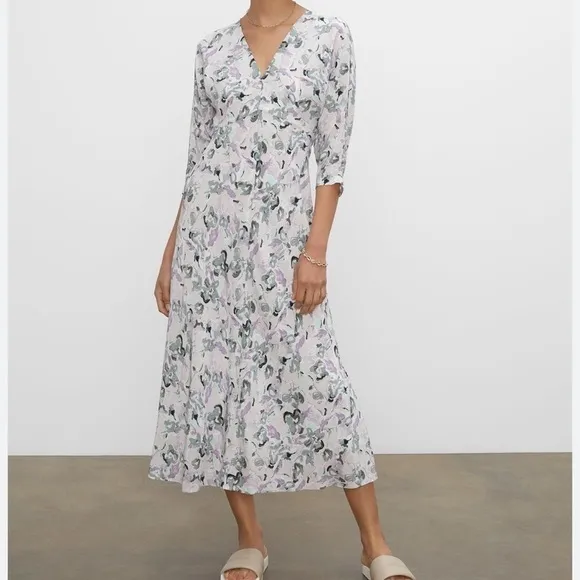 Club MONACO Drape Sleeve Midi Dress Abstract Floral Purple Gray Black Sz 8 NWT