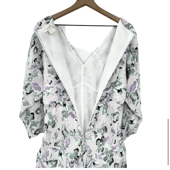 Club MONACO Drape Sleeve Midi Dress Abstract Floral Purple Gray Black Sz 8 NWT