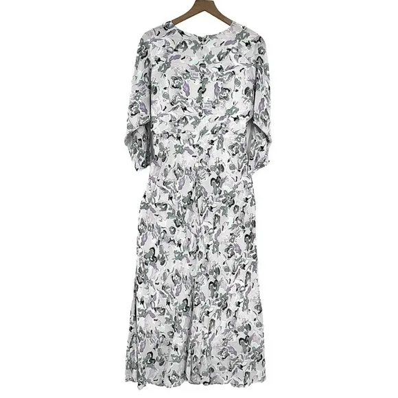 Club MONACO Drape Sleeve Midi Dress Abstract Floral Purple Gray Black Sz 8 NWT