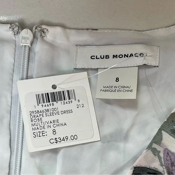 Club MONACO Drape Sleeve Midi Dress Abstract Floral Purple Gray Black Sz 8 NWT