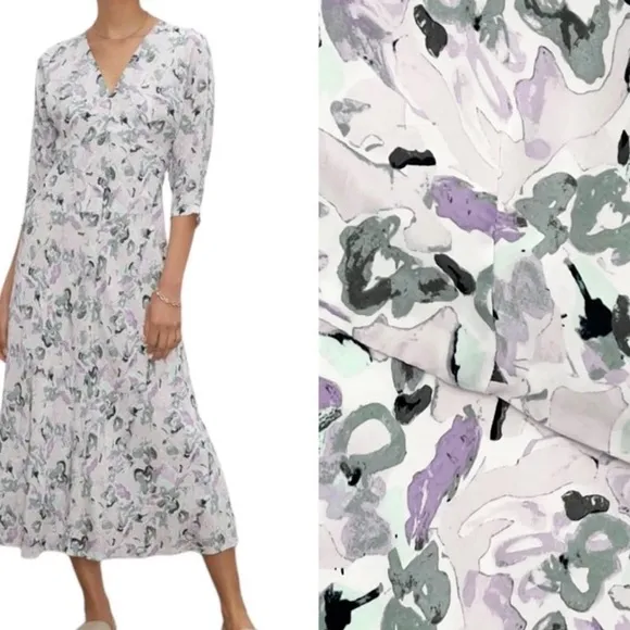 Club MONACO Drape Sleeve Midi Dress Abstract Floral Purple Gray Black Sz 8 NWT