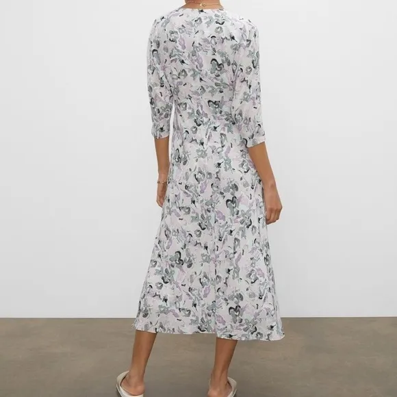 Club MONACO Drape Sleeve Midi Dress Abstract Floral Purple Gray Black Sz 8 NWT