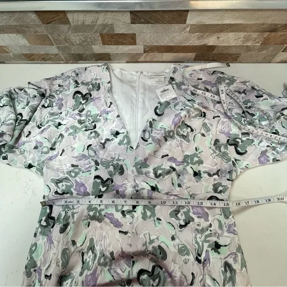 Club MONACO Drape Sleeve Midi Dress Abstract Floral Purple Gray Black Sz 8 NWT