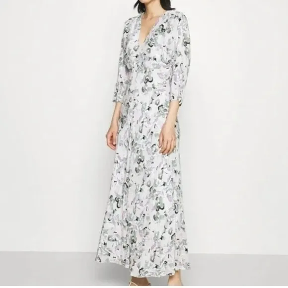 Club MONACO Drape Sleeve Midi Dress Abstract Floral Purple Gray Black Sz 8 NWT