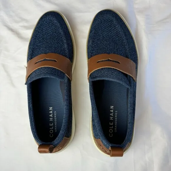 COLE HAAN Mens Grandpro Topspin Stitchlite Penny Loafers Blue Knit Slip Ons 10.5