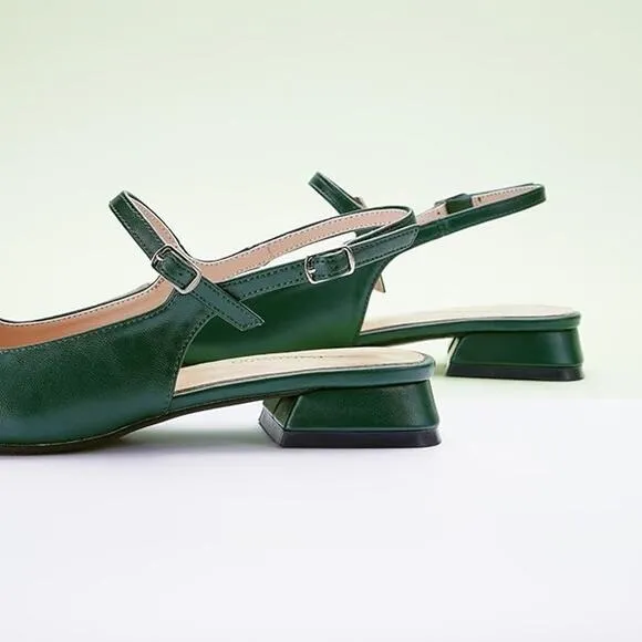 C.Paravano Green Two-Tone Square Toe Slingback Heels with Buckle Strap Size 7.5