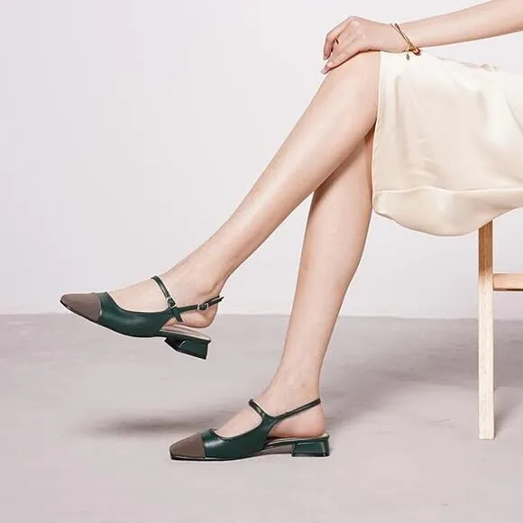 C.Paravano Green Two-Tone Square Toe Slingback Heels with Buckle Strap Size 7.5